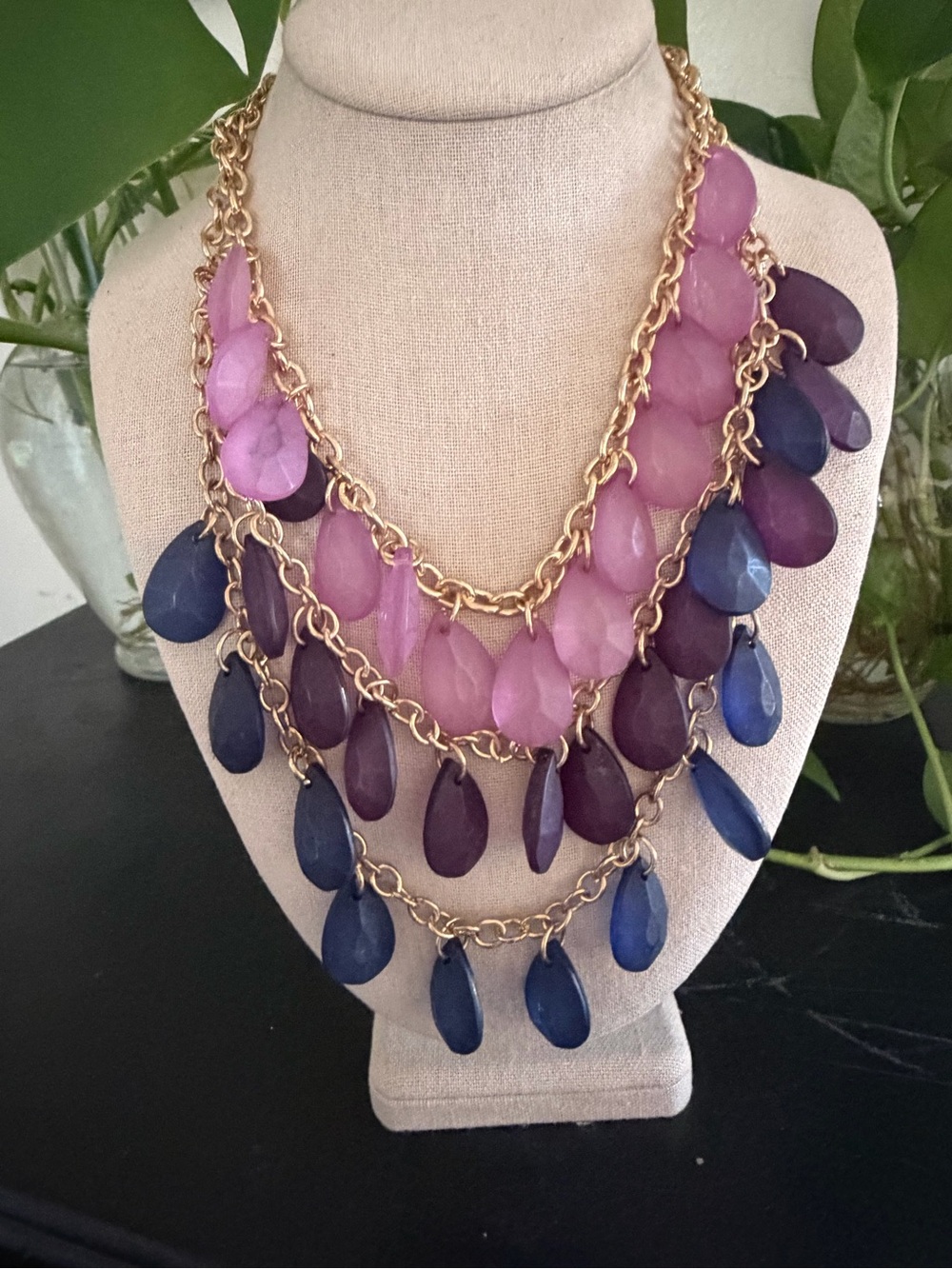 Vintage Multi Strand Pink Purple & Blue Lucite Facet Cut Teardrop Necklace
